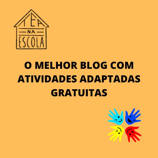 Imagem quadrada de fundo azul. Acima e à esquerda a logo do blog. No centro está escrito: O melhor blog com atividades adaptadas gratuitas. Embaixo à direita uma ilustração feita com mãos coloridas em círculo e com rostinhos sorrindo desenhados nas palmas, representando a diversidade no TEA. Fim da descrição..