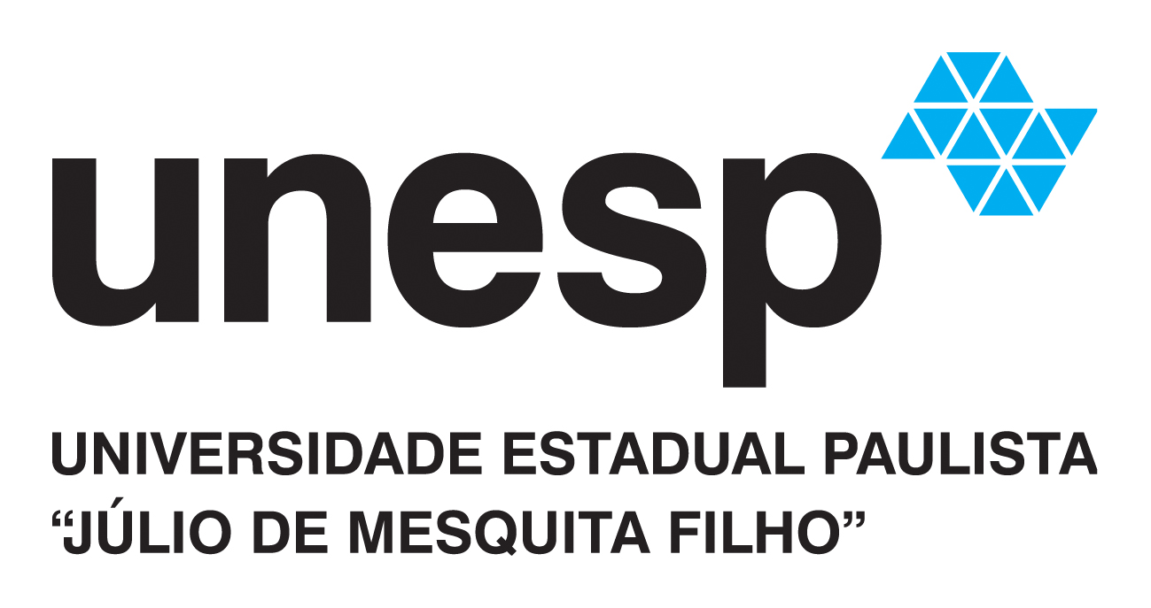 Imagem retangular de fundo branco. Acima e do lado esquerdo está escrito: unesp em preto e letras minúsculas. Ao final da palavra e no canto superior direito está o símbolo da unesp que é formado por 12 triângulos equiláteros pequenos na cor azul que juntos formam o mapa de são Paulo. Abaixo está escrito em preto e com letras maiúsculas: universidade estadual paulista “Julio de Mesquita Filho”.